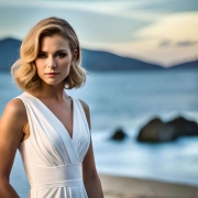 красивая женщина в белом платье позирует на пляже