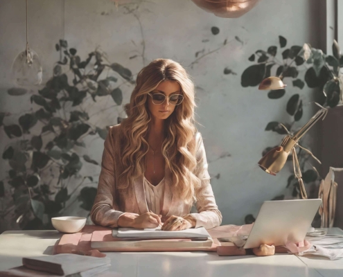 A woman sitting at a desk with a laptop
