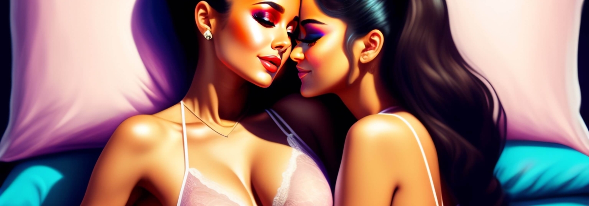 two women in their underwear lying on the bed.