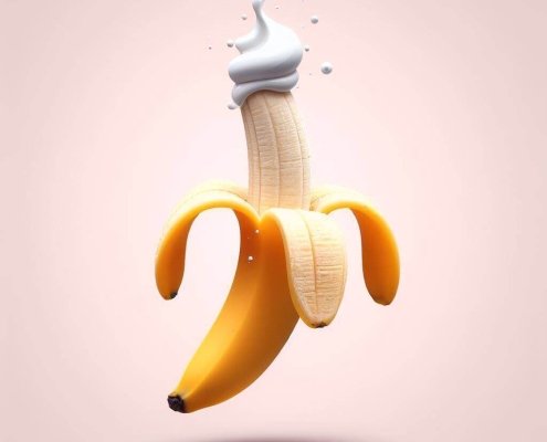 A banana with whipped cream on it