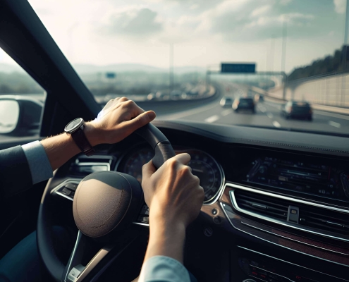 Car driving on motorway, driver looking out side window, driver's eye view, highly detailed photo