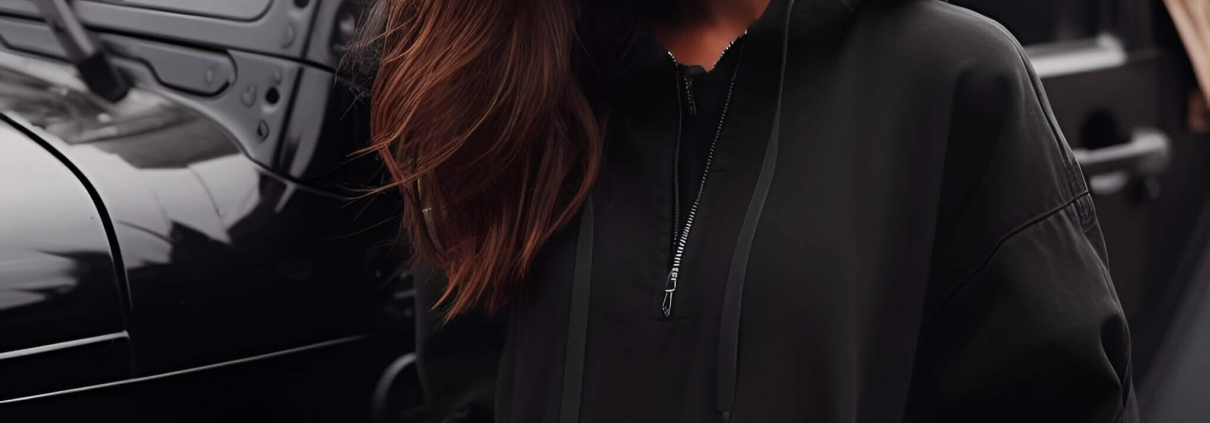 What is an escort in Israel? 1 a girl in a black jacket standing by the jeep.