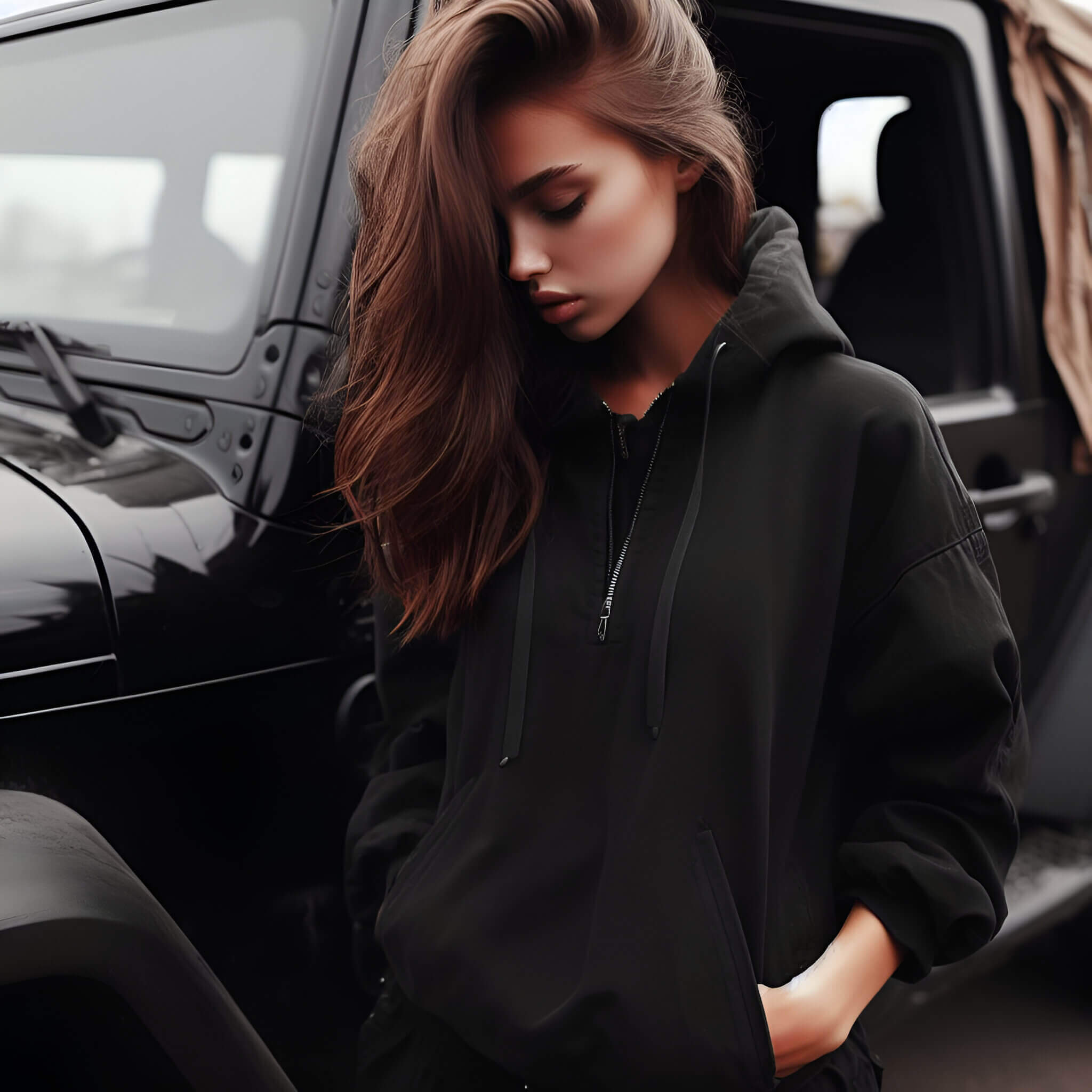 a girl in a black jacket standing by the jeep. a girl in a black jacket standing by the jeep.